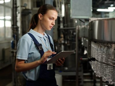 Young quality control staff with tablet looking at empty plastic bottles in factory conveyor and entering data in electronic table